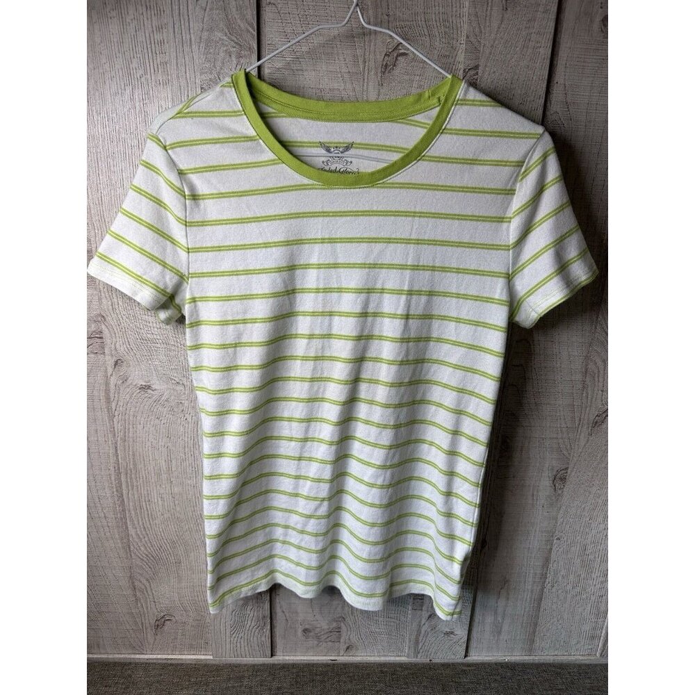 Faded Glory Womens Shirt Size Large Green White Striped Short Sleeves - Picture 2 of 6